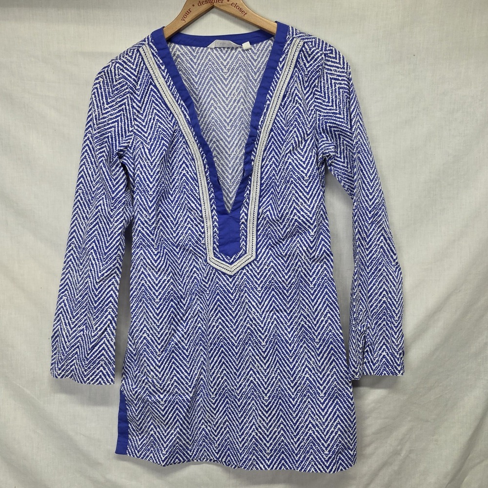 Athleta Tunic Top Womens S Herringbone Kimssa Tassel Boho Swim Cover Up Blue